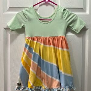 Matilda Jane Dress Stretchy Lower Back Green Rainbow Pocket Girls size 6